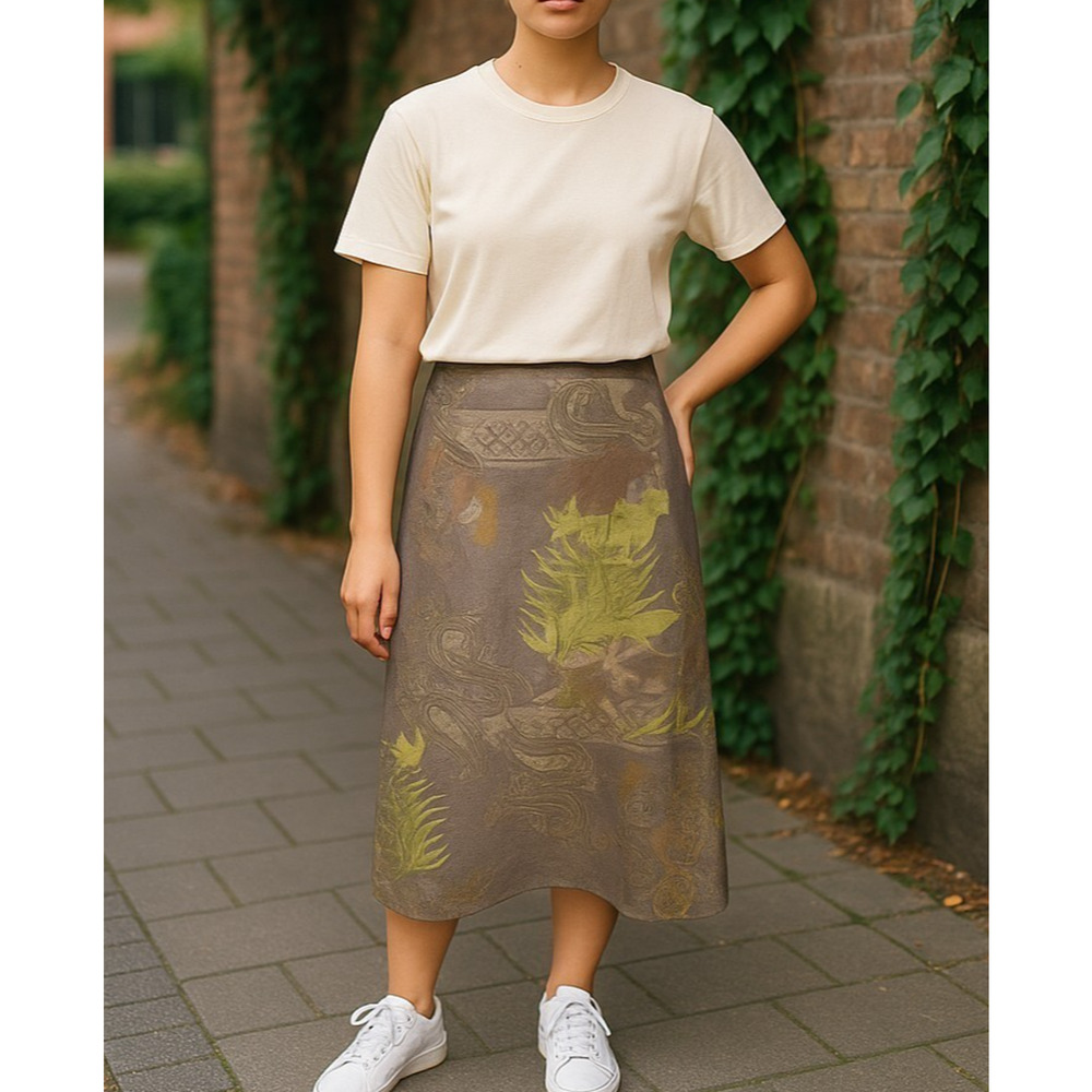TWEEDS Long Linen Blend Skirt Brown Yellow Linen Paisley Floral Palms Vtg 90s 12
